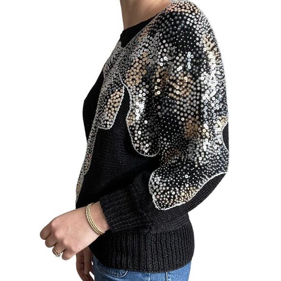 Vintage 80s Womens Black Metallic Sequen Hand Knit Retro Disco Sweater Sz M - Picture 5 of 10